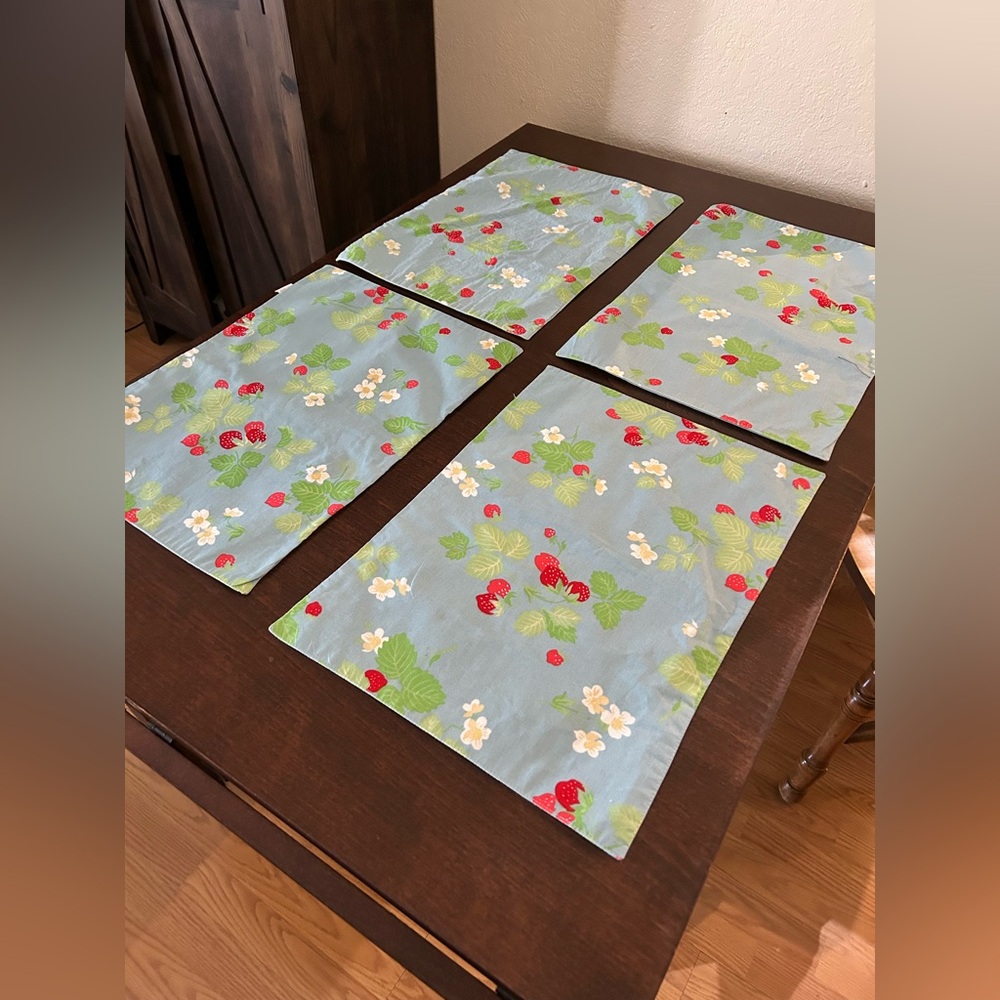 Strawberry Print Blue Cotton Placemats - Set of 4
